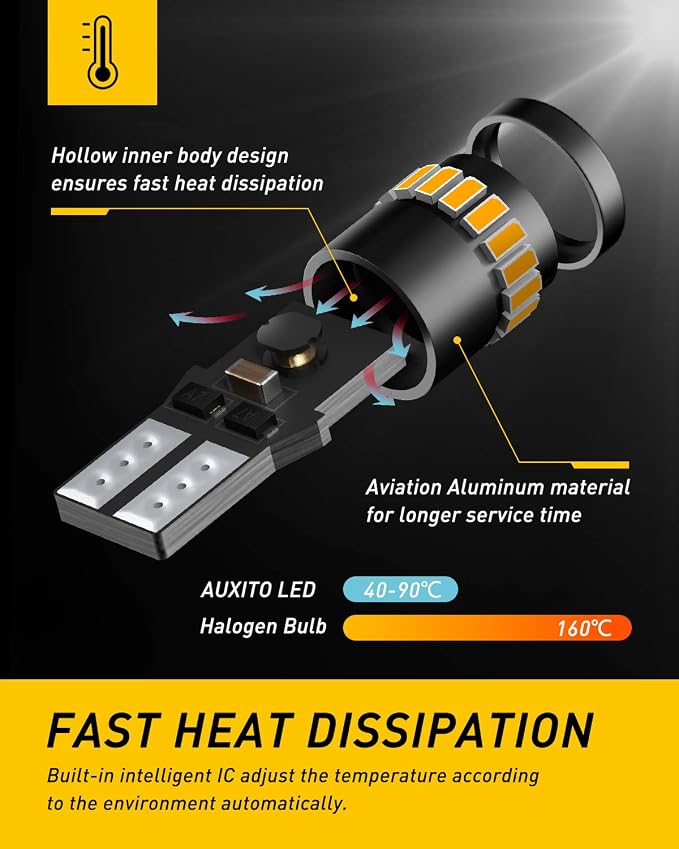 AUXITO 194 LED Bulb Amber Yellow 168 2825 W5W T10 Wedge 24-SMD 3014 Chipsets Replacement Bulbs for Car Dome Map License Plate Courtesy Step Lights (Pack of 2)