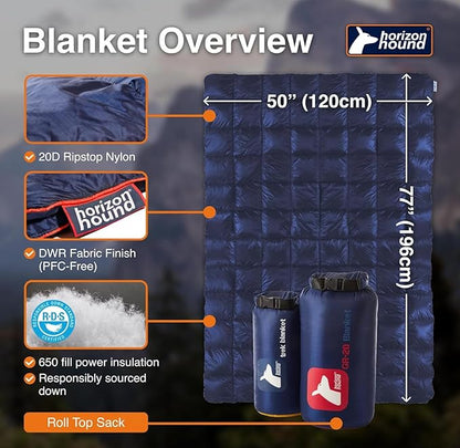 Horizon Hound Down Camping Blanket - Outdoor Travel Quilt | Sustainable, Insulated, Lightweight & Warm Gear for Sleep, Camping, Stadium, Hiking & Festivals | Water Resistant, Packable & Compact