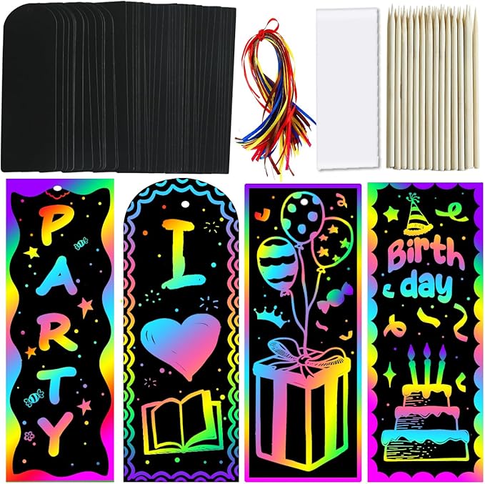 ZMLM Scratch Paper Art Bookmarks Kids: 36 Set Magic Rainbow DIY Art Craft Paper Bookmark Gift Tag Party Favor Goodie Bags Stuffers Pack Activity Bulk Making Kit for Boys Girls Birthday Game Classroom