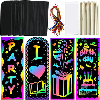 ZMLM Scratch Paper Art Bookmarks Kids: 36 Set Magic Rainbow DIY Art Craft Paper Bookmark Gift Tag Party Favor Goodie Bags Stuffers Pack Activity Bulk Making Kit for Boys Girls Birthday Game Classroom