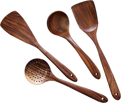 Wooden Spoons for Cooking, 4 Pcs Wooden Natural Teak Wood Spatulas Spoon, Nonstick Kitchen Utensil Set
