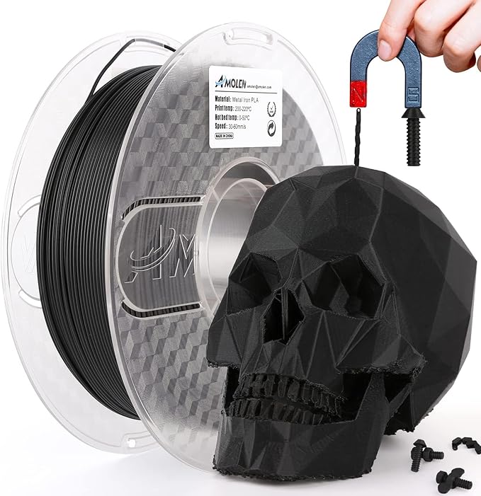 AMOLEN 3D Printer Filament, Metal PLA Filament 1.75mm with Magnetic, Contains 20% Metal Iron Powder, Apply to Polishing, Matte Black PLA 3D Printing Filament +/- 0.02mm, 1kg/2.2lbs