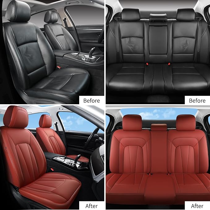 Car Seat Covers Full Set,Red Car Seat Covers,Leather Automotive Seat Covers,Breathable Waterproof Luxury Full Wrapping Edge Seat Covers Fit for Most Cars SUV and Sedans