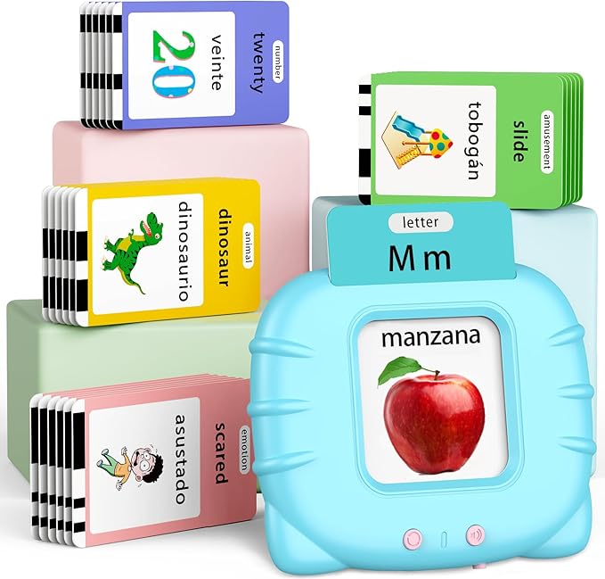 Spanish English Bilingual Learning Toys, Educational ABC Talking Flash Cards with 520 Sight Words, Autism Sensory Toys, Toddler Toys for 2 3 4 5 6 Year Old, Easter/Xmas/Birthday Gift, Blue