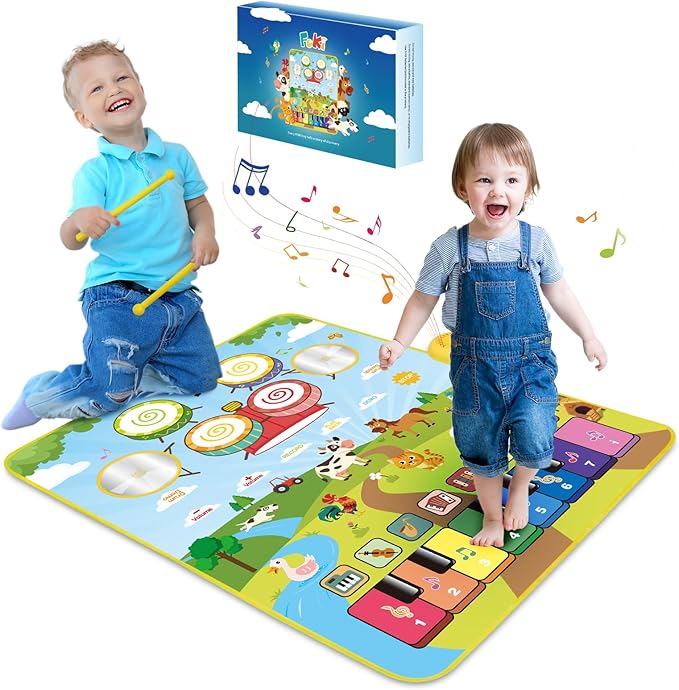 Foki 3-in-1 Musical Mats, Child Floor Piano Drum Animal Music Play Mat Montessori Sensory Early Educational Musical Learning Toys for Baby Girls Boys Birthday Toddlers 1-5 Years Old