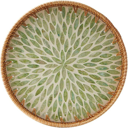 Round Rattan Tray with Mother of Pearl Inlay, Rattan Serving Tray with Wooden Base, Decorative Wicker Basket for Table Decor, Storage and Display of Coffee Bread Food Fruit (Leaf 13.5")