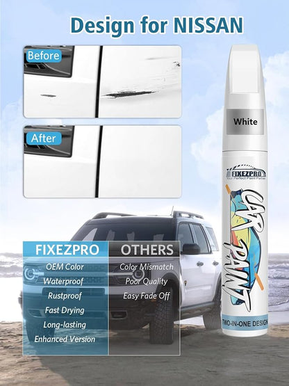 Q10 White Touch Up Paint for Nissan, Exact Color Match Car Paint Scratch Repair Remover Pen Kit Quick & Easy Fix Vehicle Chips and Automotive Nicks Scuff
