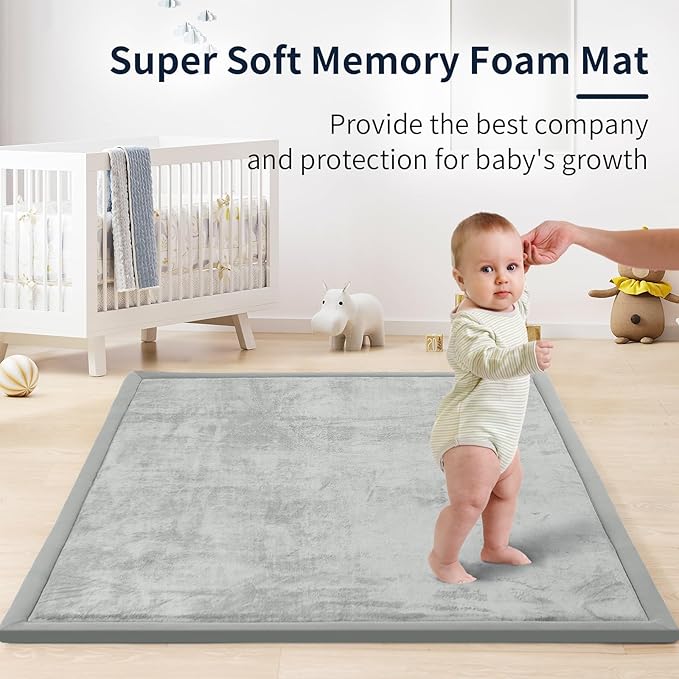 ACOMOPACK Baby Play Mat for Floor 1.3" Thick Memory Foam Play Mat 71"×79" Tummy Time Crawling with Non-Slip Bottom for Living Room,Nursery,Soft Velvet Playpen Mats for Kids,Infants（Light Grey）