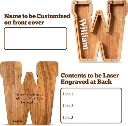 Summidate Customized Name Large Wooden Piggy Bank for Kids Boys Girls Alphabets Letter A-Z Coins Bills Money Change Bank Box Initial on Clear Cover (Laser Engraved) (Alphabet-M, Personalized-9")