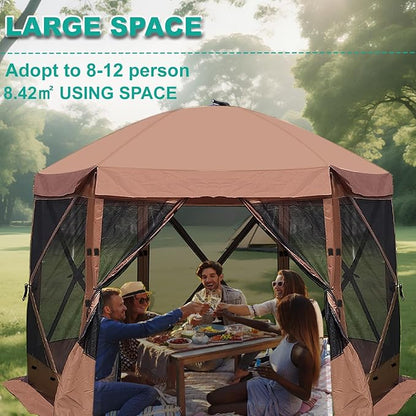 10 x 10 FT Pop Up Screen Tent, Portable Outdoor Camping Gazebo with Ground Stakes and Carry Bag, Brown