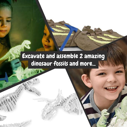 Science4you Dinosaur Fossil Excavation Kit 2 in 1 - Glow-in-The-Dark Fossil Digging Kit for Kids, Build 2 Dinosaur Fossils, 22 Pieces, Archeology Set - Dinosaur Toys, Games for Boys and Girls Age 6+