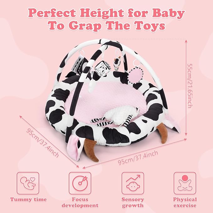 Pink Cow Baby Play Gym,Tummy Time Mat with 6 Sensory Toys, Extra Thick Soft Baby Play Mat for Floor, Newborn Essentials Christmas Gift 0-3-6-9-12 Months
