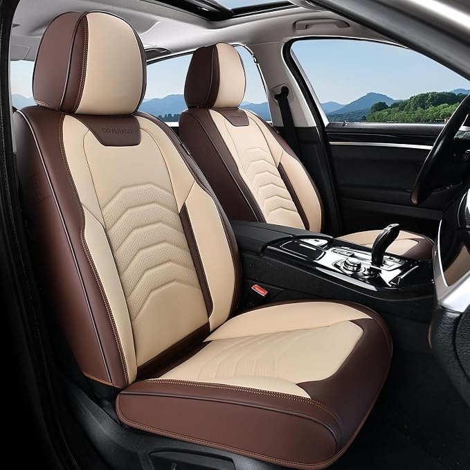 Coverado Seat Covers for Cars, 5 Seats Seat Covers Full Set, Faux Leather Seat Covers for Cars, Automotive Seat Covers Universal Car Seat Protector Seat Cushion Fit for Most Cars Trucks, Coffee&Beige