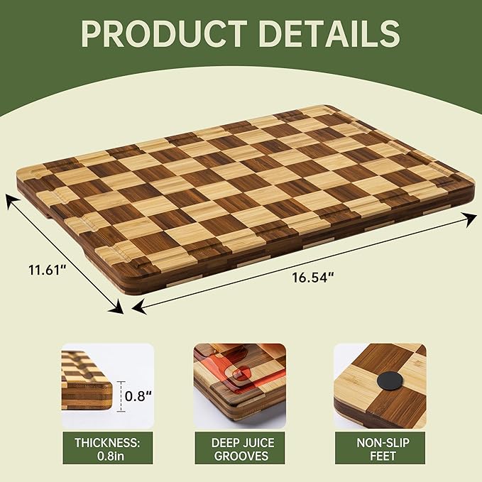 THETCHRY Bamboo Cutting Boards for Kitchen, Checkered Wooden Cutting Board