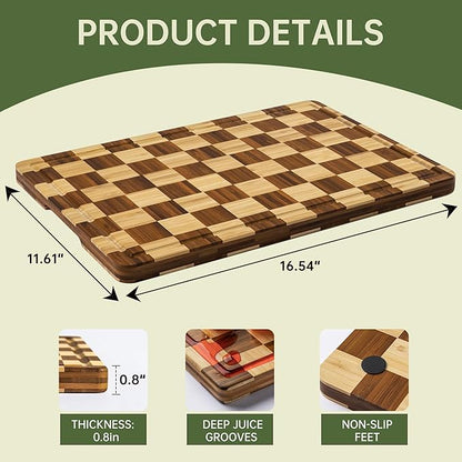 THETCHRY Bamboo Cutting Boards for Kitchen, Checkered Wooden Cutting Board