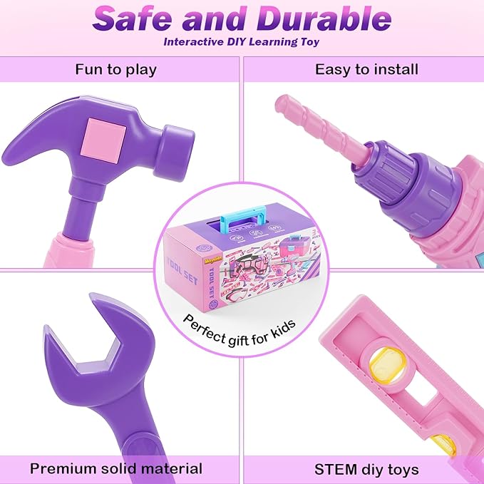 Kids Tool Set, 67 PCS Pink Kids Tool Box for Girls, Electronic Toy Drill&Tape Measure, Pretend Play Girls Toys Construction Tools Kit & Belt, Christmas Birthday Gift Ideas Toddler Tool Set Age 3 4 5+