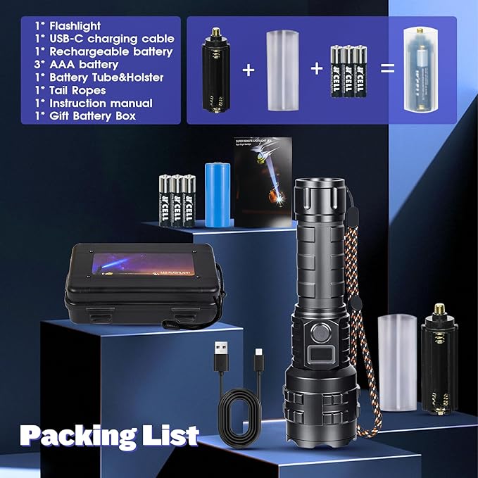 Flashlights High Lumens Rechargeable, 1000000 Lumens Hight Lumens Super Bright Handheld LED Flash Light,Powerful Emergency Linternas, Waterproof, Long Lasting, for Hiking Camping Gift