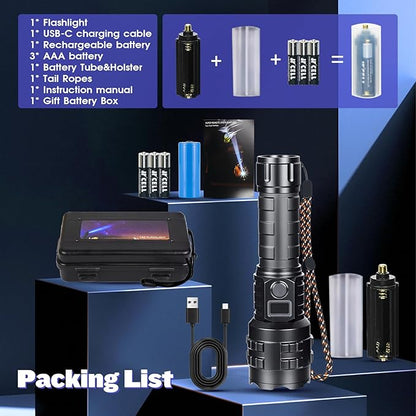 Flashlights High Lumens Rechargeable, 1000000 Lumens Hight Lumens Super Bright Handheld LED Flash Light,Powerful Emergency Linternas, Waterproof, Long Lasting, for Hiking Camping Gift