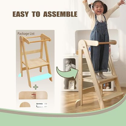 Foldable Toddler Tower 95% Preassembled Kitchen Stool Helper Folding Step Stool for Kids with 3 Adjustable Height Montessori Toddler Standing Tower for Kitchen Counter Sink Natural