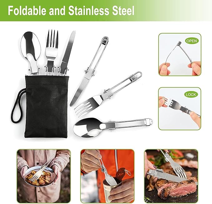 Camping Cooking Set Camping Cookware Outdoor Aluminum Mess Kit with Frying Pan, Pot with Lid, 1.2L Kettle Set and 2 Stainless Steel Plate, 2 Folding Cups and 2 Set Knives Spoons for Backpacking Picnic