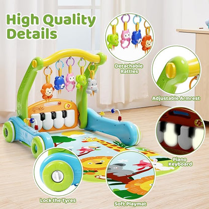 Baby Gym Play Mat with Walker, 2 IN 1 Kick and Play Piano Activity Center with Light & Music, Tummy Time Mat & Baby Push Toys for 0-6 12-18 Months, Sit-to-Stand Learning Walker for Infant Toddler Gift
