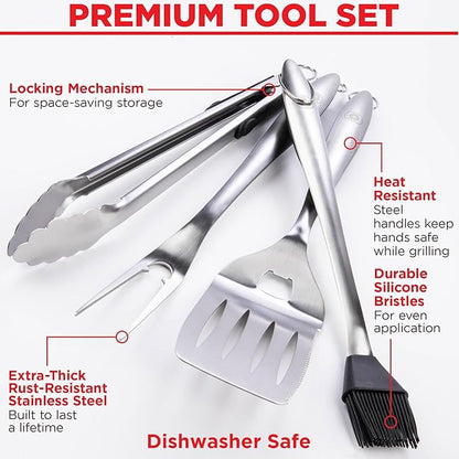 Alpha Grillers Grilling Accessories - Grilling Gifts for Men - BBQ Accessories Grill Tools Set with Spatula, Fork, Brush & Tongs - Outdoor Barbecue Utensils Gifts for Men Dad Him Boyfriend