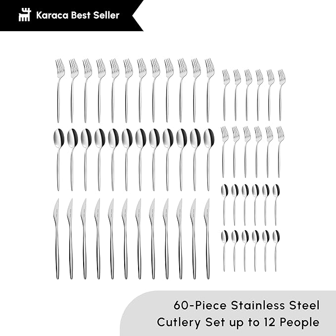 Karaca Lizbon 60-Piece Cutlery Set for 12 People -18/10 Stainless Steel, Dinnerware Tableware Silverware Service, includes Forks, Spoons, knives, forks, Teaspoons, Mirror Polished, Dishwasher Safe