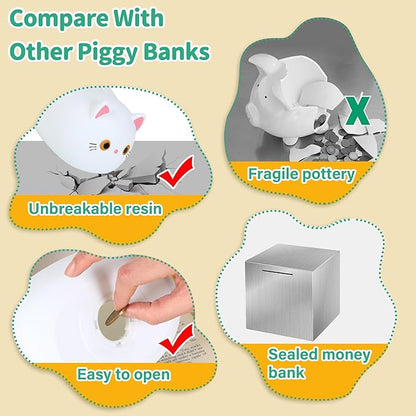 H&W White Cat Piggy Bank for Girls,Plastic Coin Bank,Unbreakable Money Bank,Cute Piggy Bank for Kids,First Money Box,Best Birthday