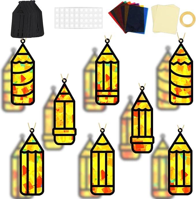 32 Sets Back to School Pencil Suncatchers Craft Kit DIY Window Stained Glass Effect Pencils Paper Crafts for Home School Classroom Decoration Kid Birthday Gifts Creative Art Projects Activity Game
