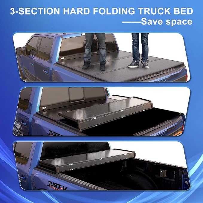 Just-V Hard Tri-Fold Truck Bed Tonneau Cover for Chevy Silverado 1500 2500HD 3500HD, for GMC Sierra 2014-2018 Only Fit Crew Cab 5.8 FT Bed, Upgrade Solid FRP Textured Black