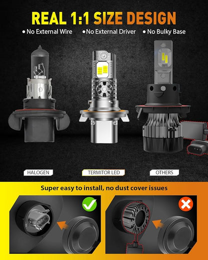Termitor Upgraded 9008/H13 Bulbs, 80,000LM 1500% Ultra-Bright, 6500K Pure White H13/9008 Driving Light Bulbs Conversion Kits, Easy Plug-N-Play Installation, Pack of 2
