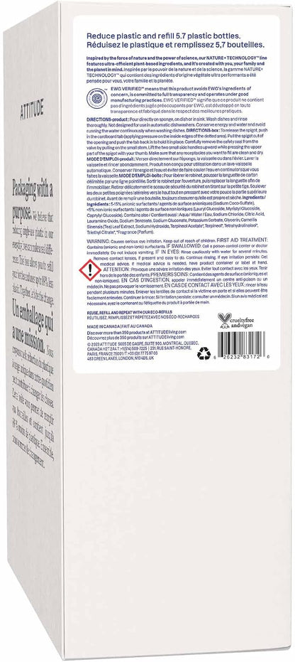 ATTITUDE Dish Soap Refill, EWG Verified, Plant-Based & Vegan Dishwashing Liquid, Naturally Derived, Citrus Zest Scent, 135.3 Fl Oz