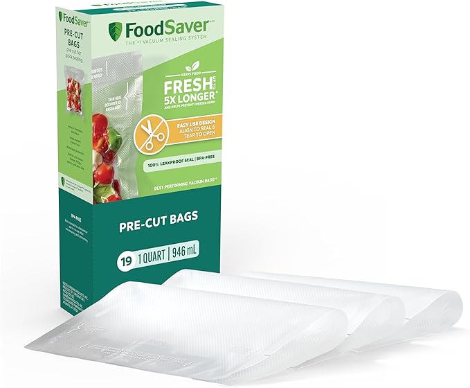 FoodSaver Quart Pre-Cut Vacuum Seal Bags, Easy Use Vacuum Storage Bags, Align to Seal and Tear to Open Vacuum Sealer Storage Bags, 19 Pack