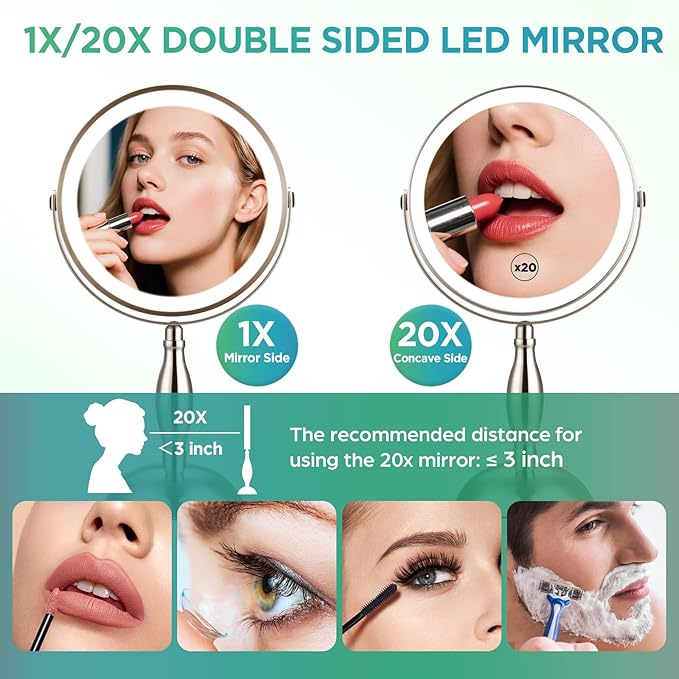 20x Magnifying Mirror with Light, 5000mAh Lighted Makeup Mirror with 3 Color