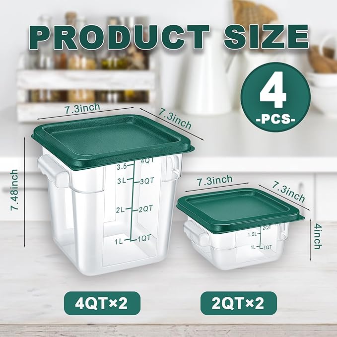 4 Pack 2QT & 4QT Food Storage Containers with Green Lids, Clear Square Commercial Food Storage Containers with Scales and Handles, BPA-Free Airtight Restaurant Container for Sourdough, Marinating Meat