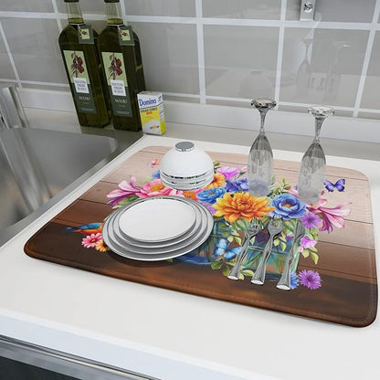 Spring Summer Flowers Dish Drying Mat