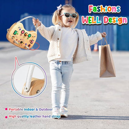 Montessori Busy Board for Baby, Busy Board for Toddlers Toys, Wooden Autism Sensory Toys with Animal Cards, Dinosaur Stickers, Toddler Educational Activity Travel Toys for Boys and Girls 1+