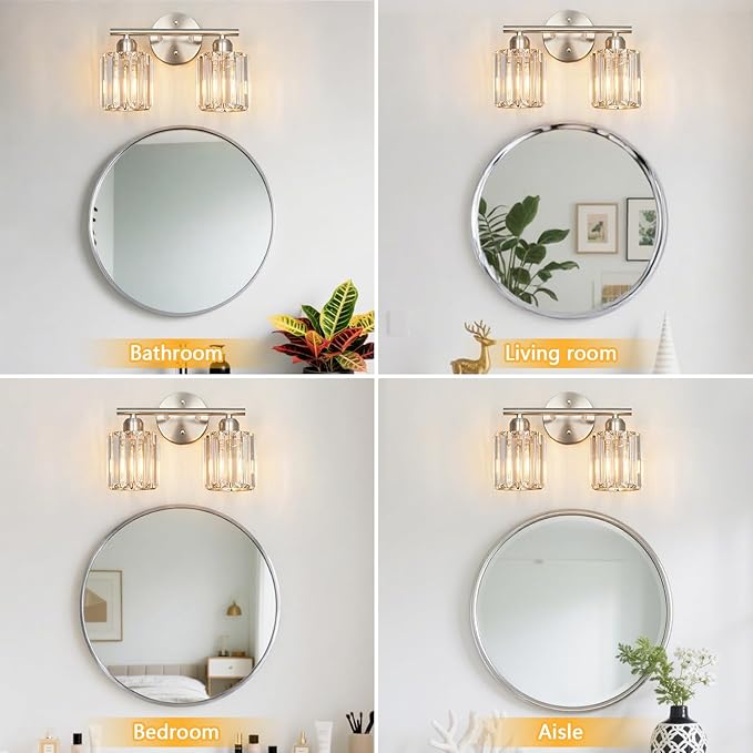 FDPBY Modern 2 Light Crystal Vanity Light, Brushed Nickel Vertical Bathroom