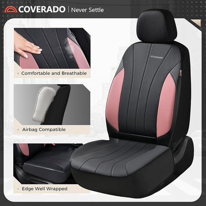 Coverado Automotive Car Seat Covers, Luxury Seat Covers Full Set, Leather Car Seat Protectors with Storage Bags, Pink Driver Seat Covers Universal Fit for SUVs Trucks Sedans
