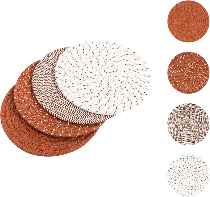 SHACOS 8 Inches Trivets for Hot Dishes, 4 Pieces Cotton Trivets Mats for Kitchen, Hot Pads for Countertops and Table, Heat-Resistant Pot Holders for Hot Pots and Pans(Dark Orange, 4pcs)