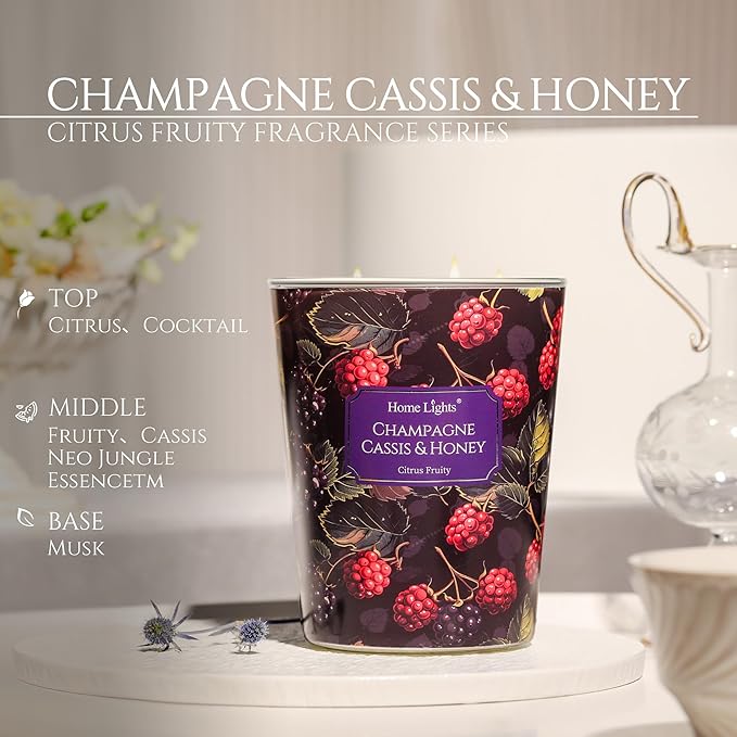 HomeLights Scented Candles for Women & Men, 34oz Candle Jars Aromatherapy 3-Wick Candle, Ideal for Eclectic Mixed Styles Home Decor and Gifts, Champagne Cassis & Honey