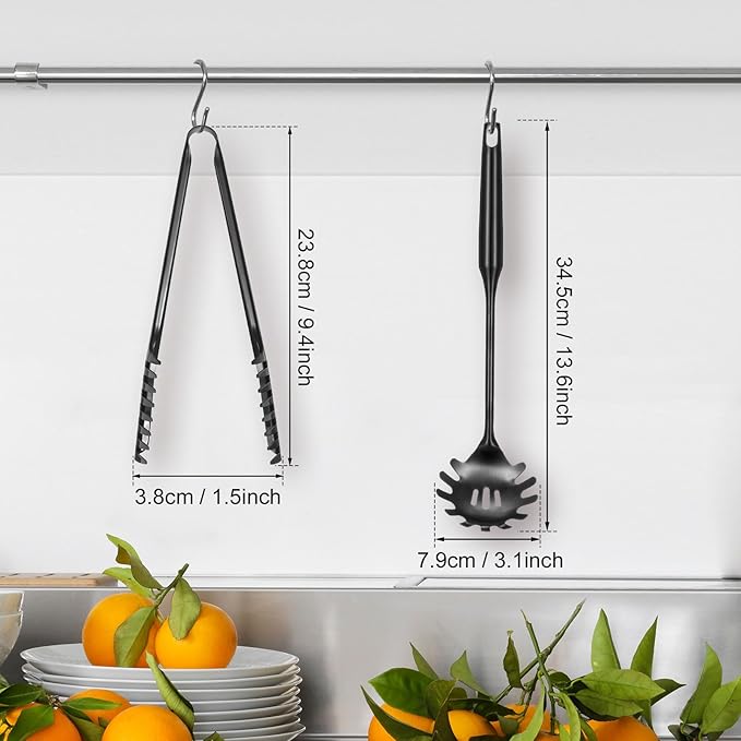 Patelai 2 Pcs Stainless Steel Pasta Spoon with Teeth Large Spaghetti Utensil, 9.4'' Tong and 13.6'' Pasta Fork with Vacuum Handle, Comfortable Grip Design Spoons for Kitchen(Black)