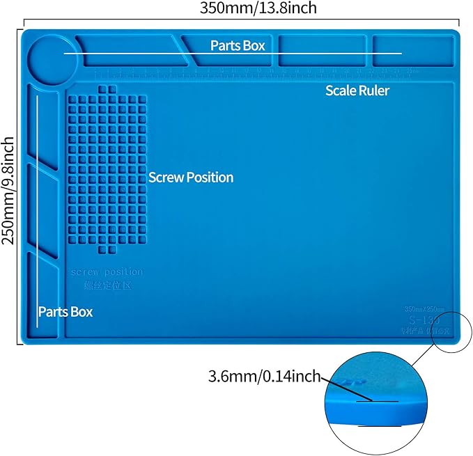 Kaisi S-130 Insulation Silicone Soldering Mat Repair Mat, Heat Resistant Silicone Work Mats 932°F with Scale Ruler and Screw Position for Soldering, CellPhone Electronics Repair, Size: 13.8 x 9.8 inch