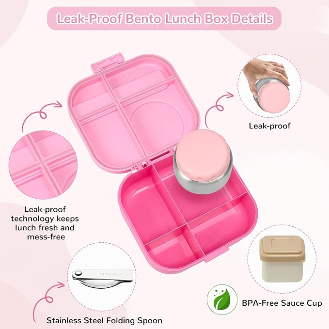Bento Lunch Box for Kids with 12oz Soup Thermo,4 Compartments Lunch Box Containers Kids, Includes Foldable Spoon &Sauce Jar, BPA Free&Leak proof,Insulated Food Jar for Travel,School (Pink)