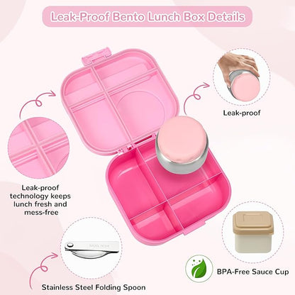 Bento Lunch Box for Kids with 12oz Soup Thermo,4 Compartments Lunch Box Containers Kids, Includes Foldable Spoon &Sauce Jar, BPA Free&Leak proof,Insulated Food Jar for Travel,School (Pink)