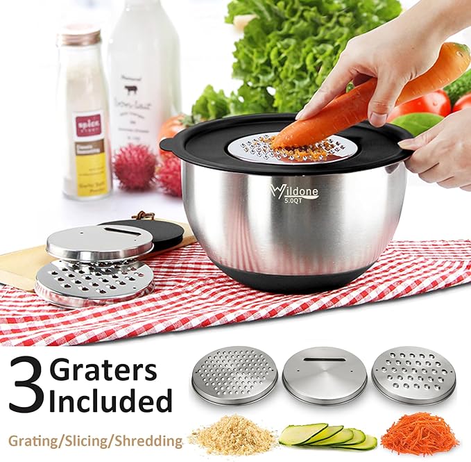 Wildone Mixing Bowls with Airtight Lids, with 3 Grater Attachments, Scale Mark