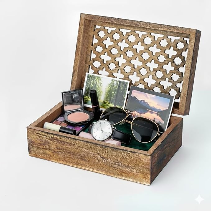 Mela Artisans Wooden Keepsake Box | Medium Burnt Mango Wood Memory & Photo Storage Box with Hinged Lid | Decorative Storage Box | Extra Large | 10.5x7.5x4 Inch