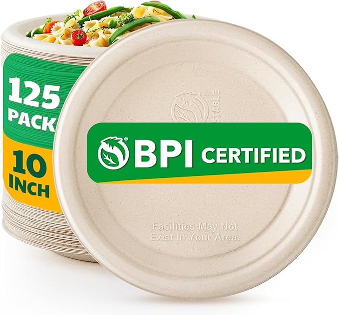 100% Compostable Paper Plates, 10 Inch, 125 Count, Biodegradable Bagasse Plates, Heavy Duty Disposable Plates Bulk for Party | Microwave-Safe | Soak-Resistant, Cut Resistant