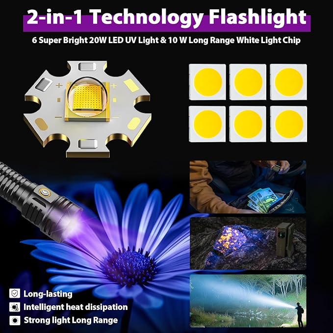 2-in-1 365nm UV Flashlight & High Lumens LED Flashlight, 7 Modes Rechargeable, 18H Runtime, IPX5 Waterproof Black Light for Pet Urine Detection, Curing Resin, Outdoor Emergencies, Scorpion Hunting