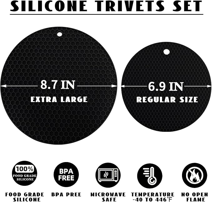 4 Pack Silicone Trivet Mats, 7 Inch & 9 Inch Flexible Heat Resistant Silicone Hot Pads Pot Holders for Kitchen Counter, Round Trivets for Hot Dishes - Potholders Jar Opener(Black)